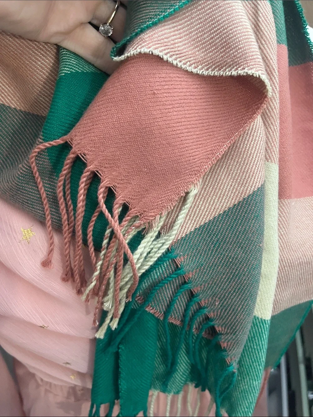 Cozy Checkered Green & Pinkish Lightweight Soft Cashmere Like Women's Scarf S229
